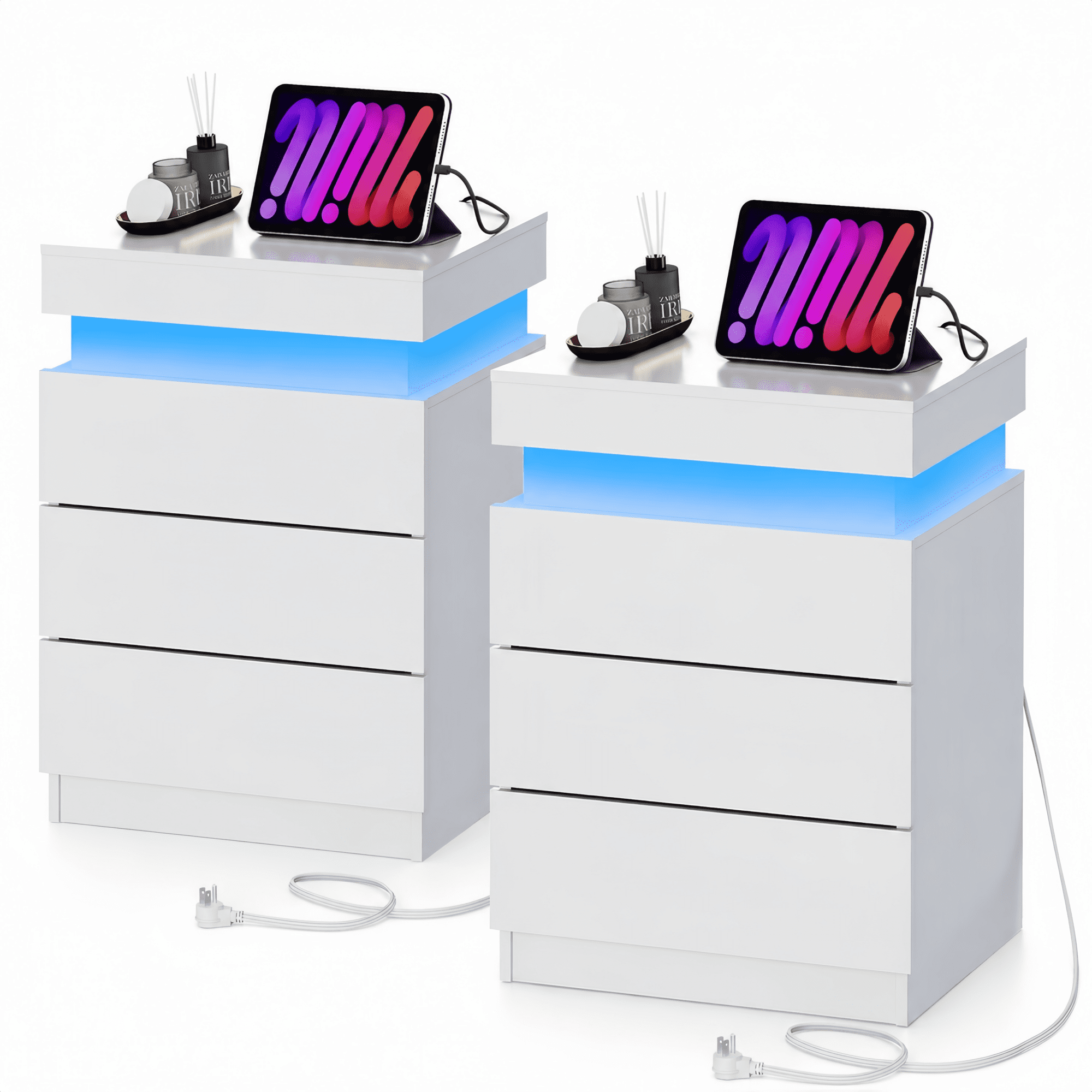 GALAXHERO Nightstand Set of 2 with Charging Station, LED Bedside Table with 3 Storage Drawers, Sliding Top, Hidden Space, Modern End Table for Bedroom, Living Room