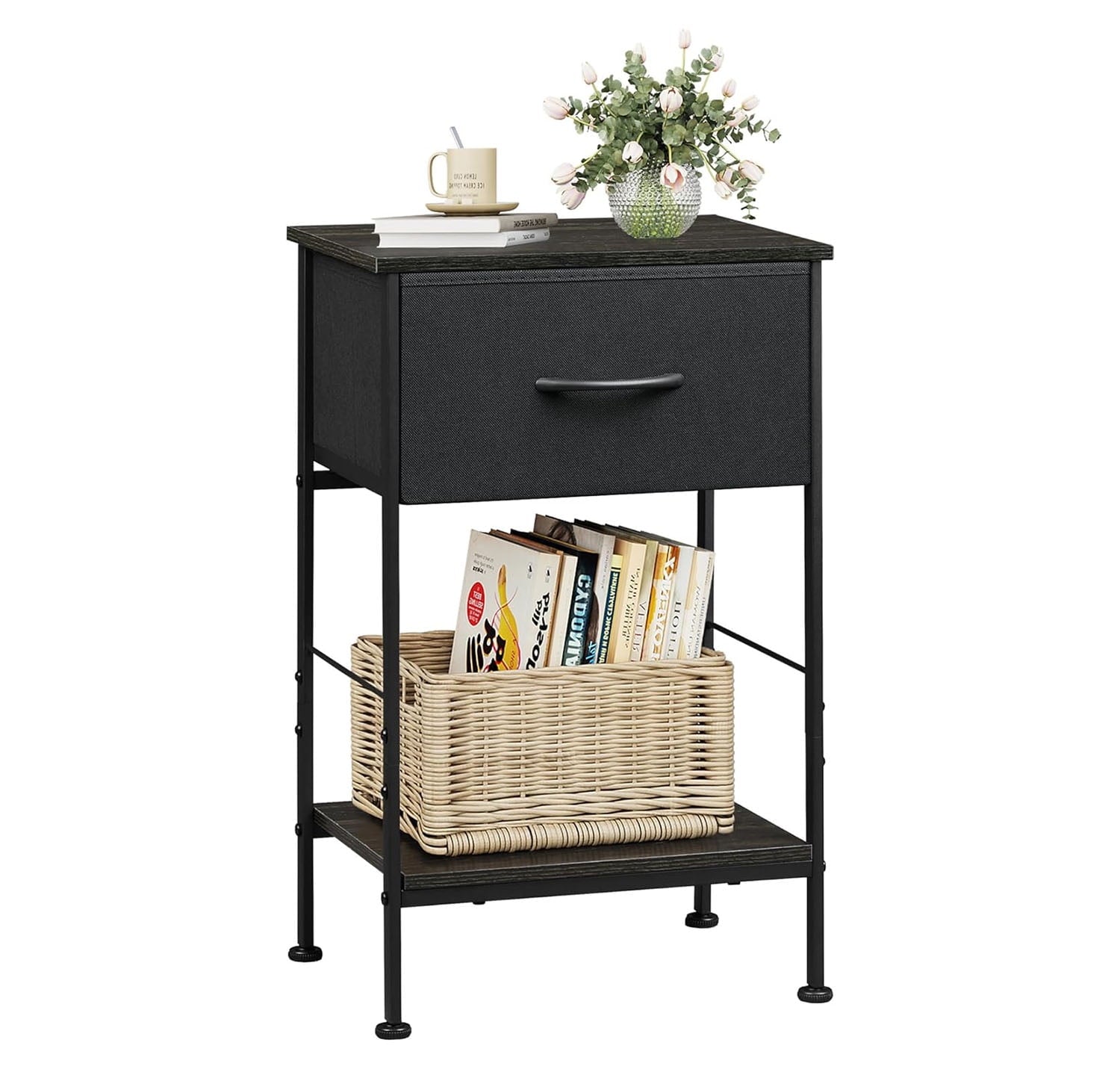 GALAXHERO Nightstand Set of 2 with Fabric Drawer and Open Wood Shelf, End Side Table with Steel Frame for Bedroom, Dorm, 25.03" Height