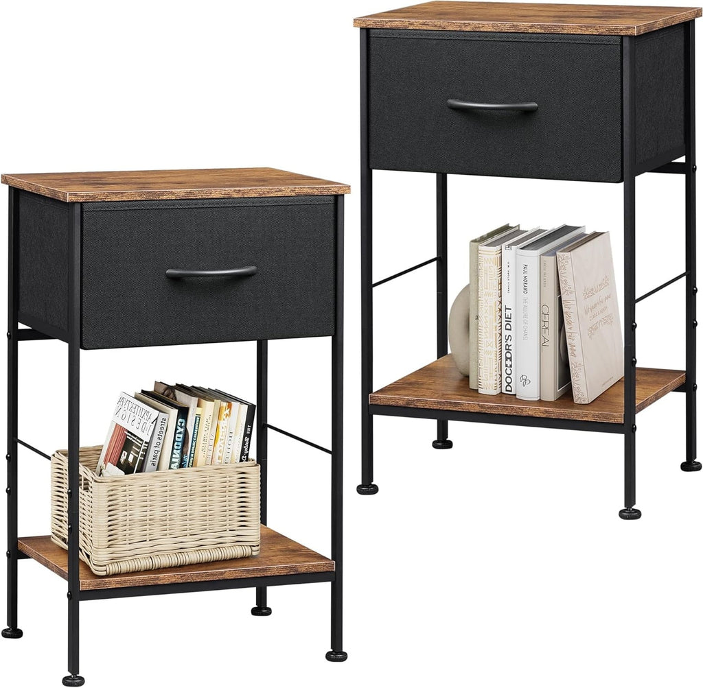 GALAXHERO Nightstand Set of 2 with Fabric Drawer and Open Wood Shelf, End Side Table with Steel Frame for Bedroom, Dorm, 25.03" Height