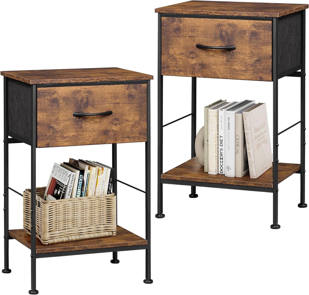 GALAXHERO Nightstand Set of 2 with Fabric Drawer and Open Wood Shelf, End Side Table with Steel Frame for Bedroom, Dorm, 25.03" Height