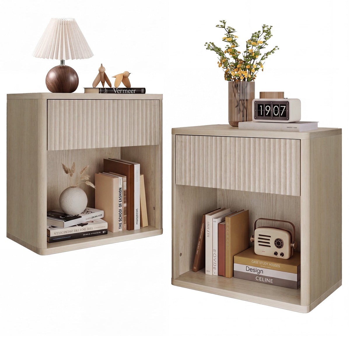GALAXHERO Nightstands Set of 2, Farmhouse Night Stand with Drawer and Storage Shelf, Wood Bed Side End Table for Bedroom Living Room
