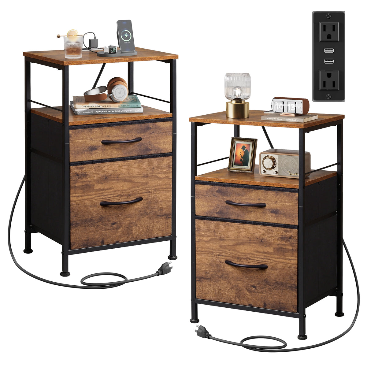 GALAXHERO Nightstands Set of 2, Bed Side Table with Charging Station, End Table with 2 Fabric Drawers for Bedroom, Closet, Dorm