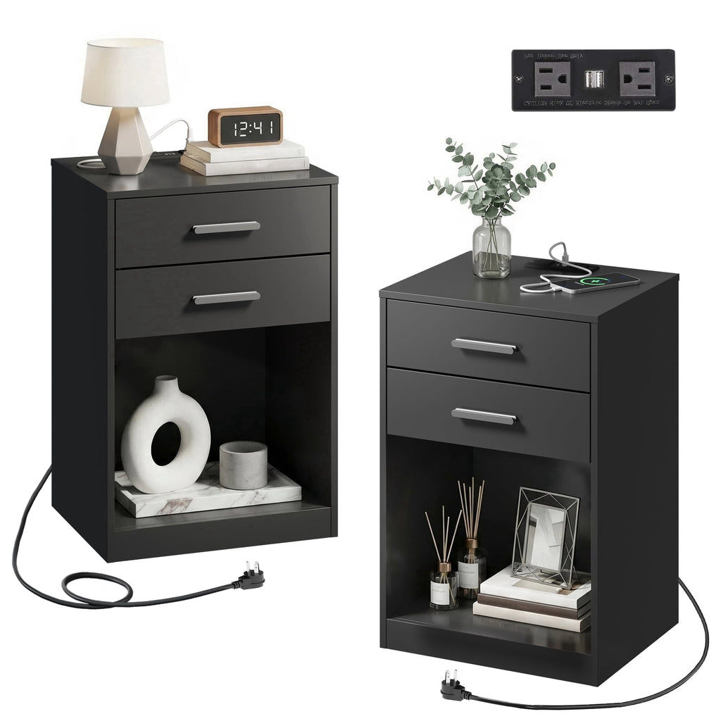 GALAXHERO Nightstand Set of 2 with Charging Station and 2 Drawers, Wood Bedside Table End Table with Open Shelf for Bedroom, Living Room
