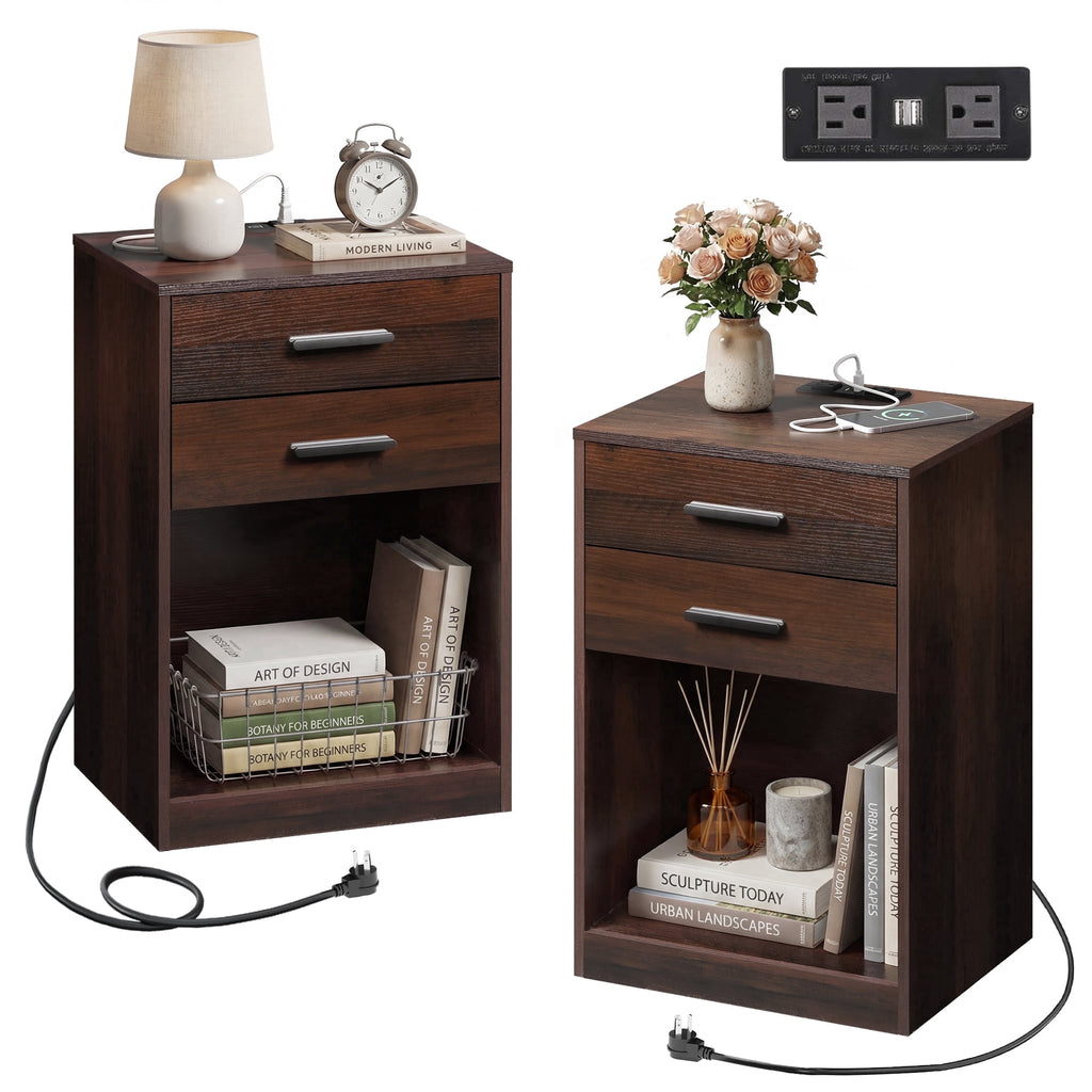 GALAXHERO Nightstand Set of 2 with Charging Station and 2 Drawers, Wood Bedside Table End Table with Open Shelf for Bedroom, Living Room