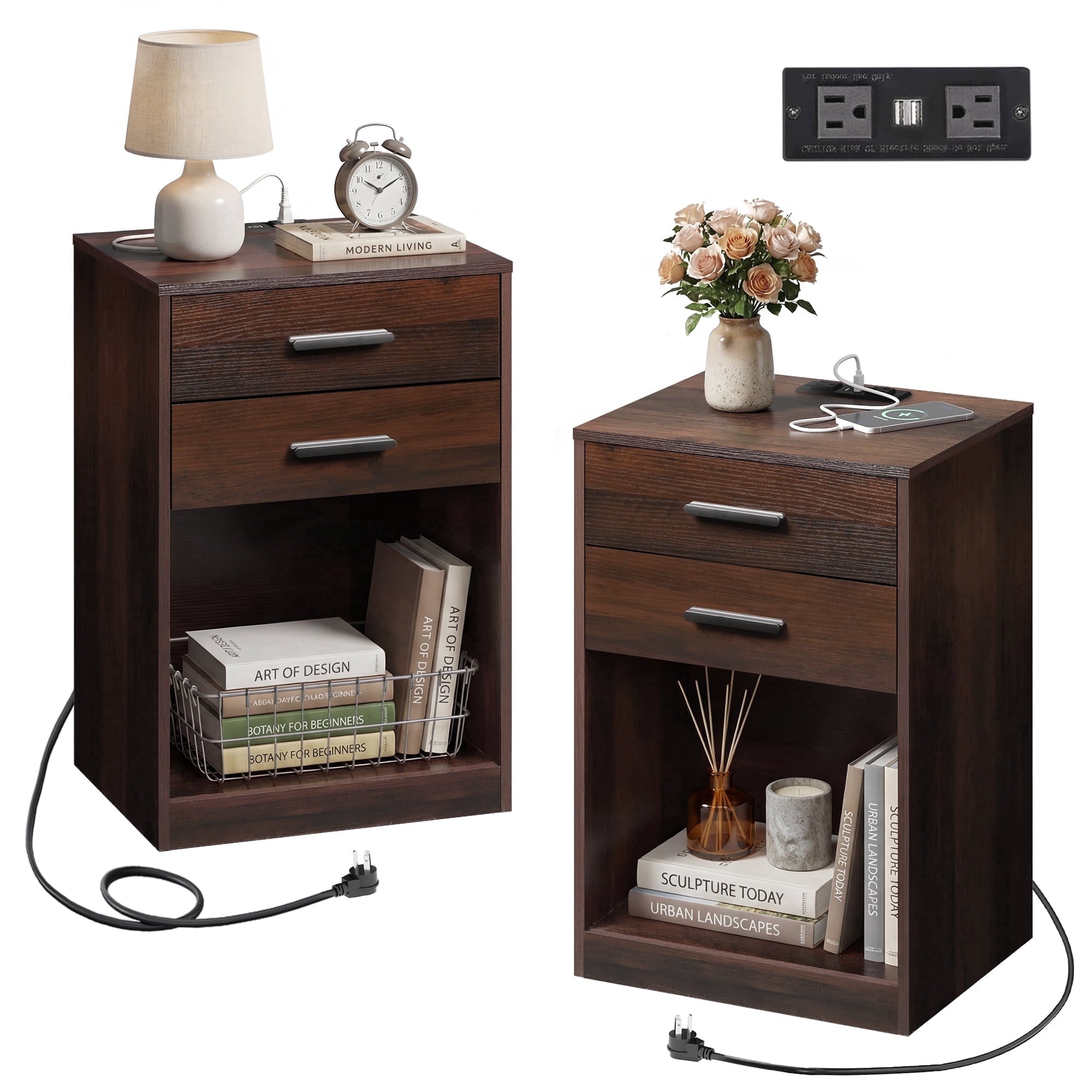 GALAXHERO Nightstand Set of 2 with Charging Station and 2 Drawers, Wood Bedside Table End Table with Open Shelf for Bedroom, Living Room