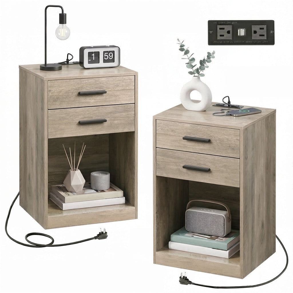 GALAXHERO Nightstand Set of 2 with Charging Station and 2 Drawers, Wood Bedside Table End Table with Open Shelf for Bedroom, Living Room