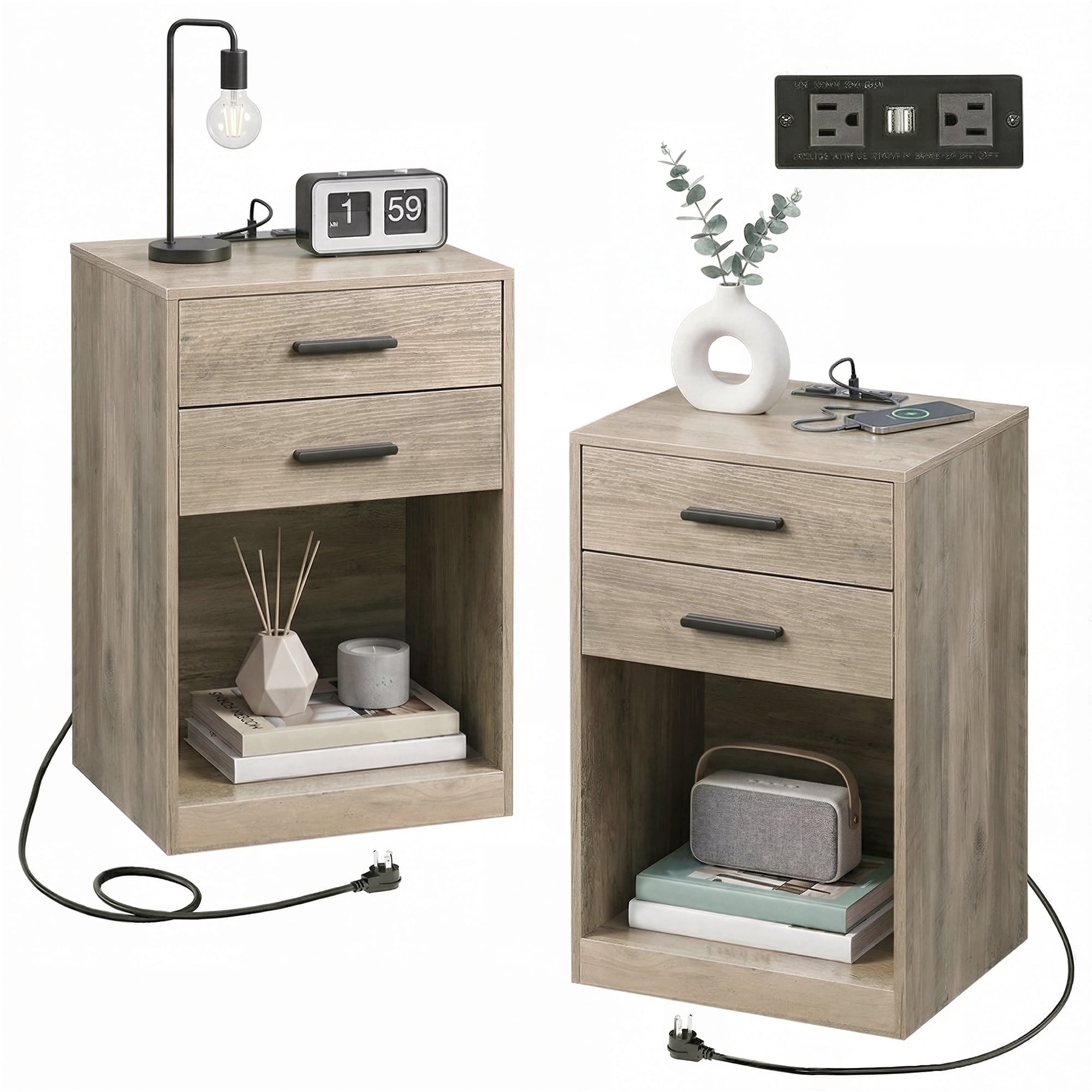 GALAXHERO Nightstand Set of 2 with Charging Station and 2 Drawers, Wood Bedside Table End Table with Open Shelf for Bedroom, Living Room