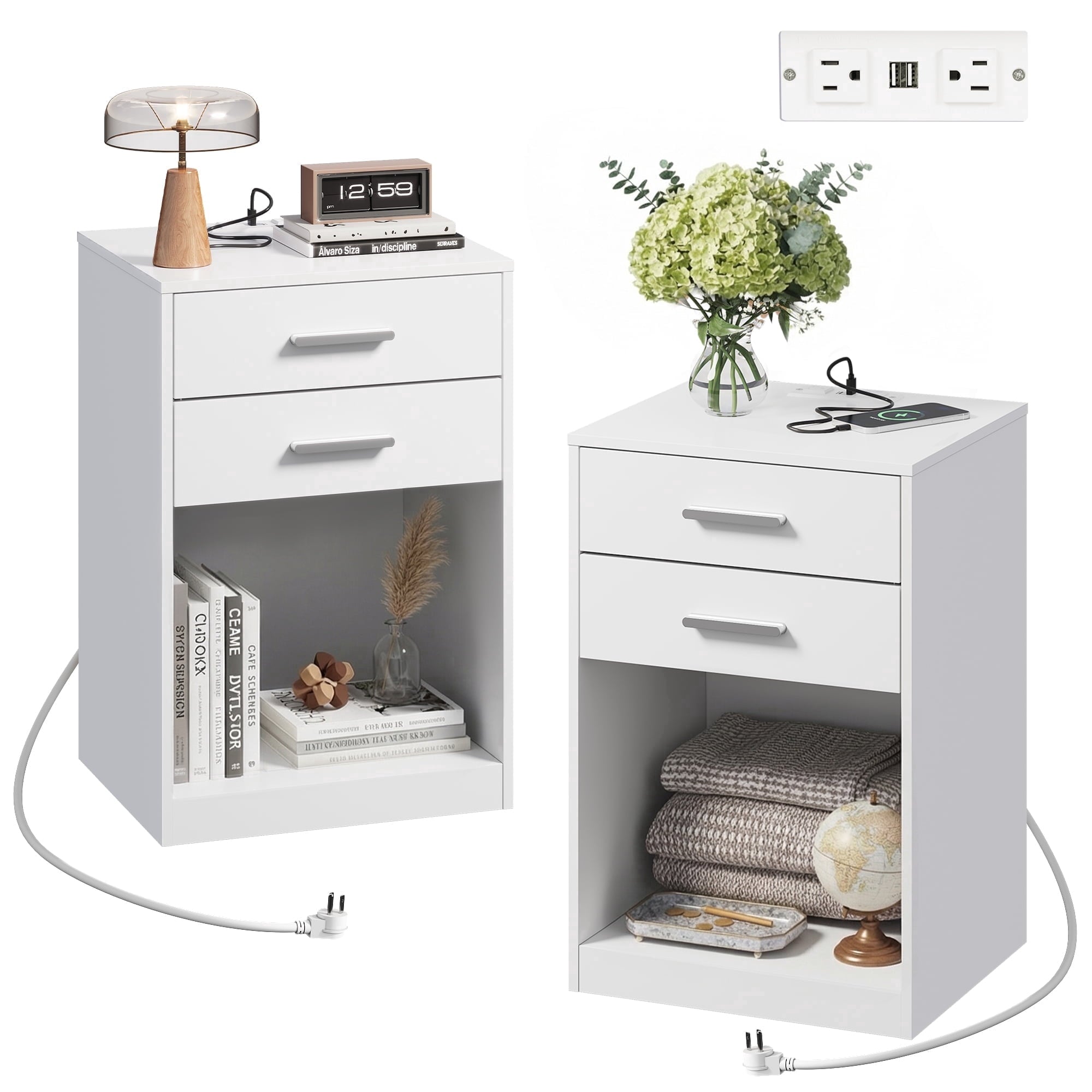 GALAXHERO Nightstand Set of 2 with Charging Station and 2 Drawers, Wood Bedside Table End Table with Open Shelf for Bedroom, Living Room