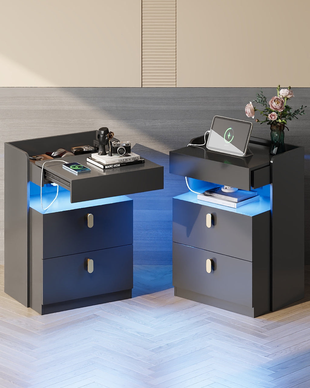 GALAXHERO Nightstand Set of 2 with Charging Station and LED Lights, 2 Drawer Bedside Tables with Sliding Top for Bedroom, Modern End Table for Living Room, White