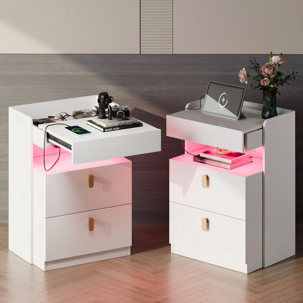 GALAXHERO Nightstand Set of 2 with Charging Station and LED Lights, 2 Drawer Bedside Tables with Sliding Top for Bedroom, Modern End Table for Living Room, White