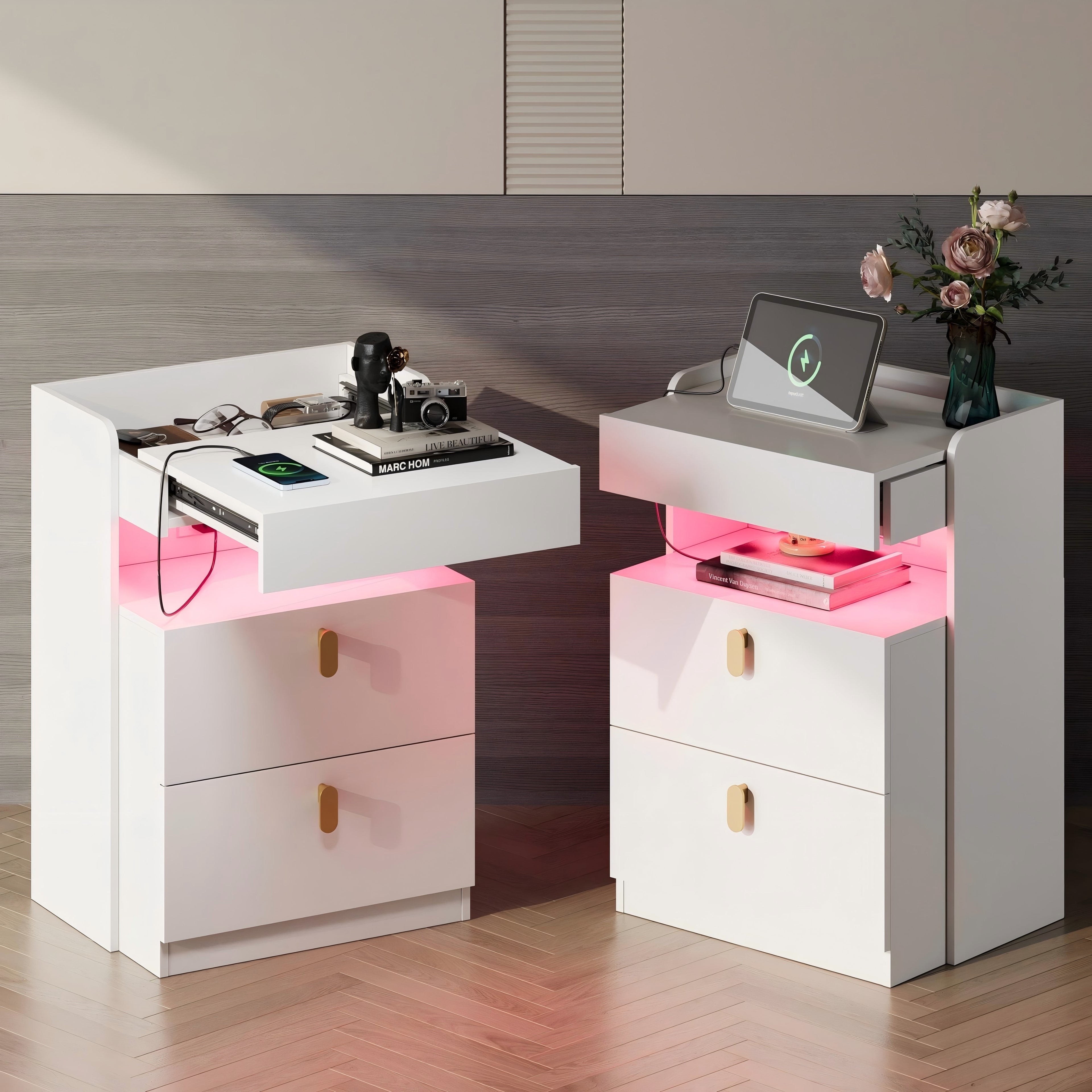 GALAXHERO Nightstand Set of 2 with Charging Station and LED Lights, 2 Drawer Bedside Tables with Sliding Top for Bedroom, Modern End Table for Living Room, White