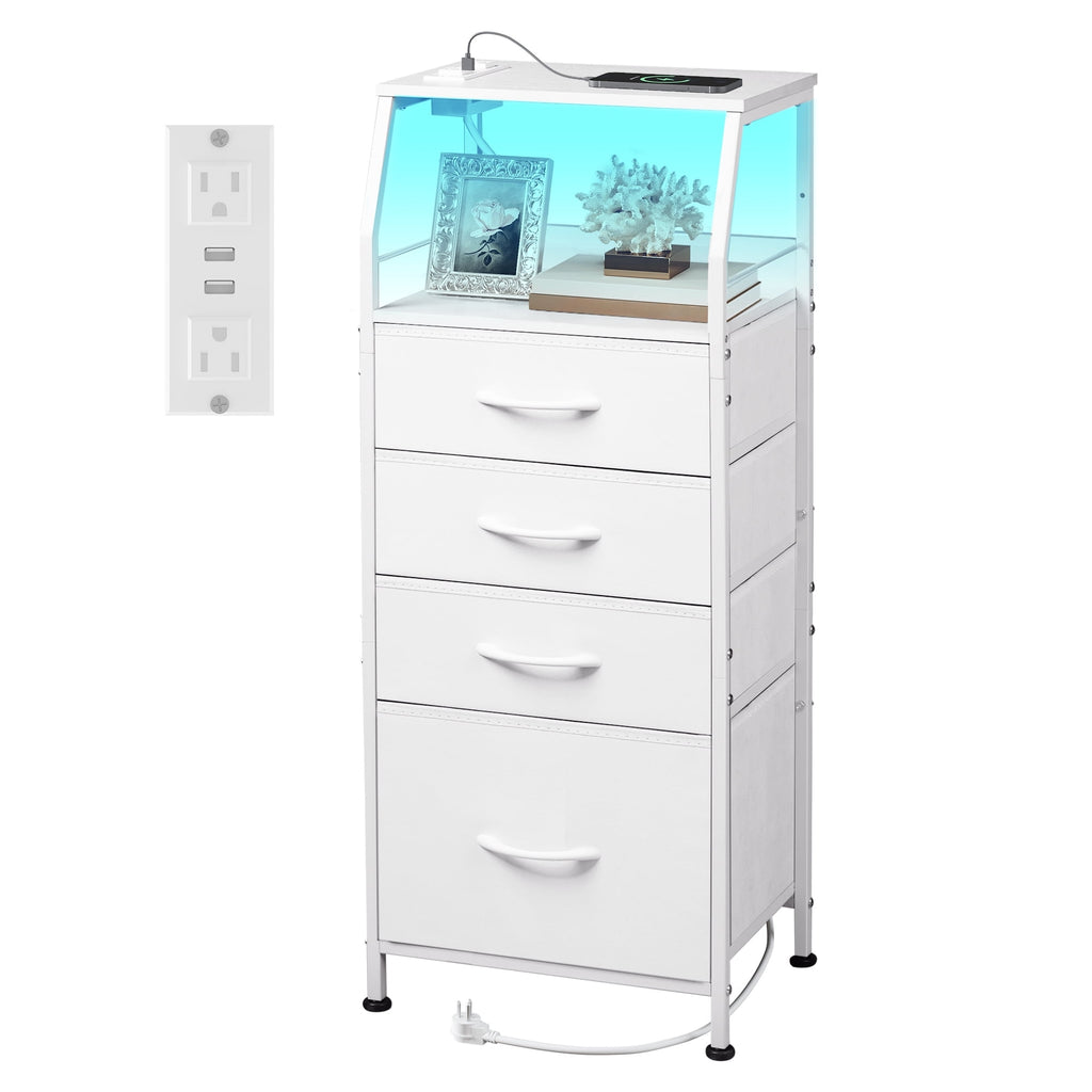 GALAXHERO Nightstand with Charging Station and LED, White Tall Night Stand, 4 Drawers Bedside Table with Storage Shelfs for Bedroom, Living Room