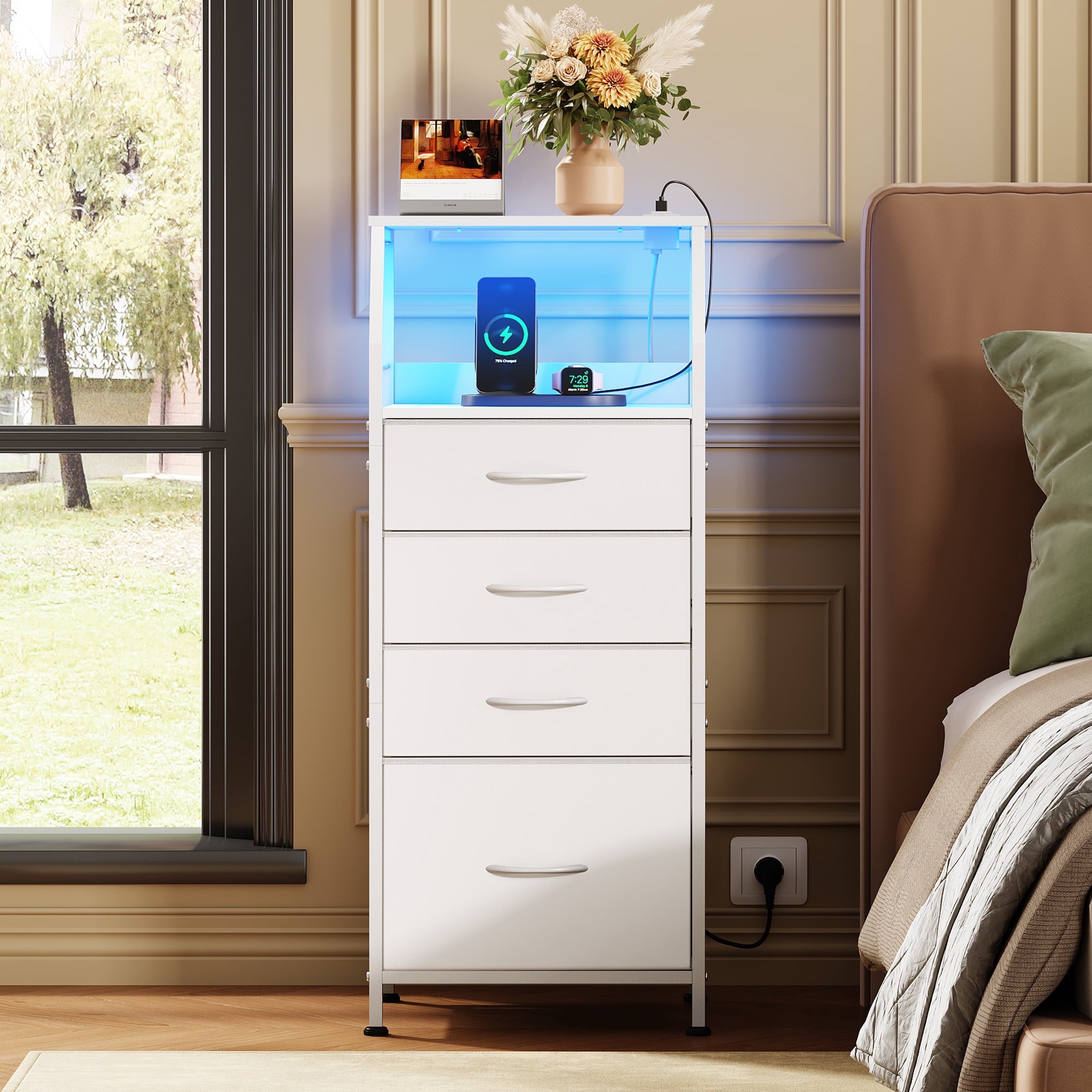 GALAXHERO 4 Drawer Dresser for Bedroom, Nightstand with Charging Station and LED, Tall Bedside Table with Storage Shelfs