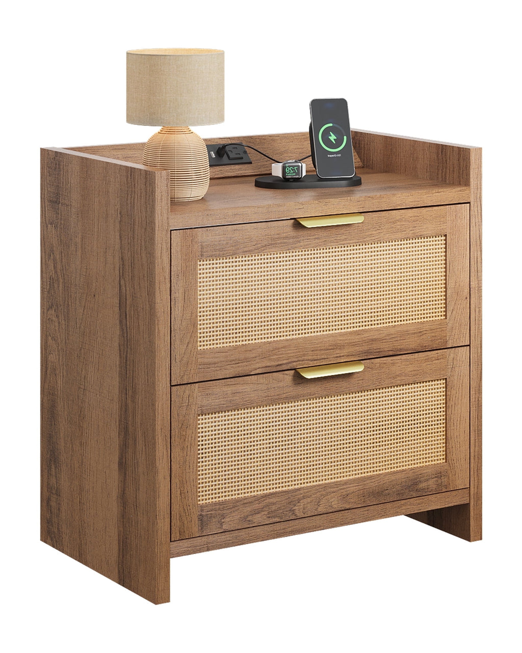 GALAXHERO Nightstand with Charging Station, Boho Rattan Bedside Tables, 2 Drawers End Table for Bedroom, Living Room, Natural Oak