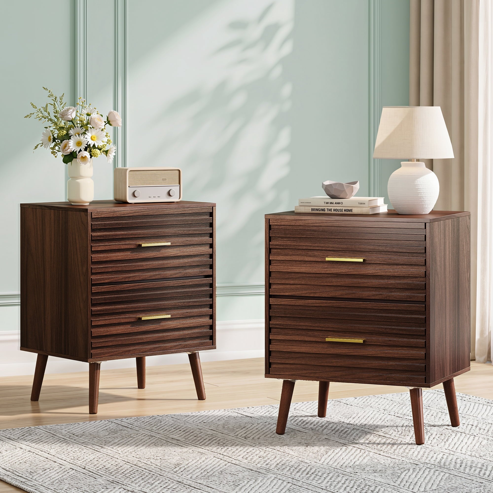 GALAXHERO Mid Century Wood Nightstand Set of 2, Fluted 2 Drawers Bedside Table for Bedroom, End Table for Living Room