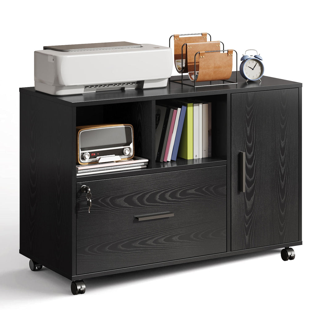 GALAXHERO Office File Cabinet with Lock, 1-Drawer Wood Lateral Filing Cabinet on Wheels, Printer Stand with Open Storage Shelves for Home Office, Black