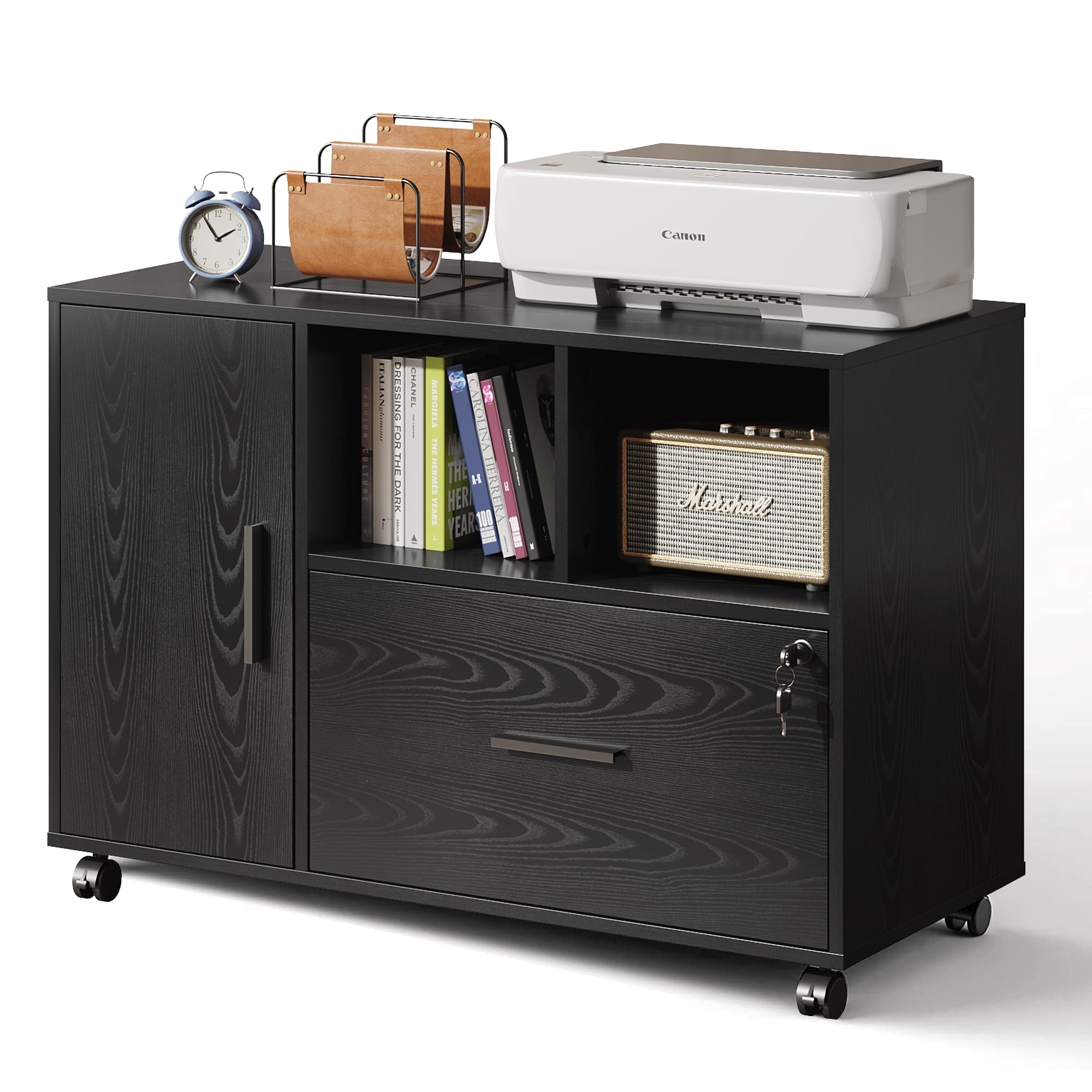 GALAXHERO Lateral File Cabinet with Lock, Rolling Wood Cabinet for Home Office, Printer Stand with Shelf, Fit Legal/A4 Size
