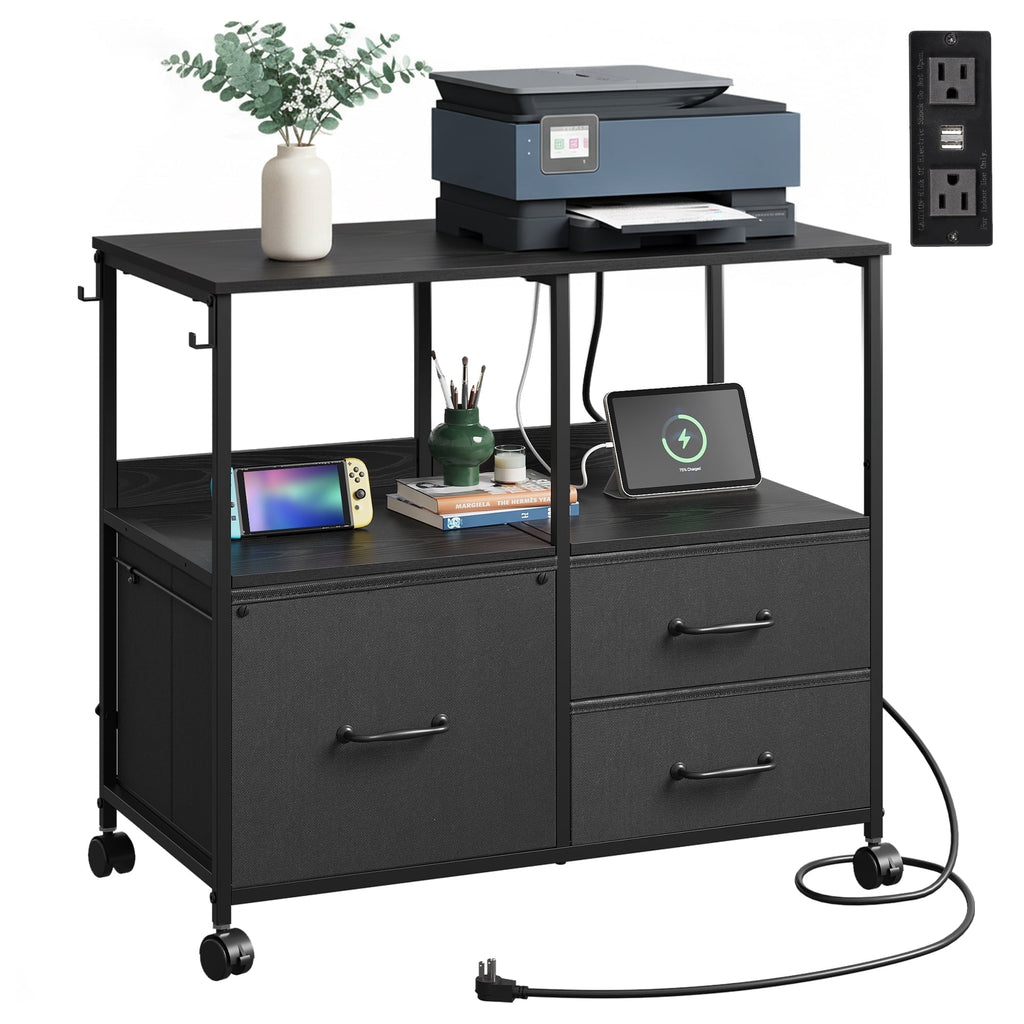 GALAXHERO 3 Drawer File Cabinet with Charging Station, Mobile Printer Stand with Storage Shelf for Home Office, Fit Letter/A4 Size