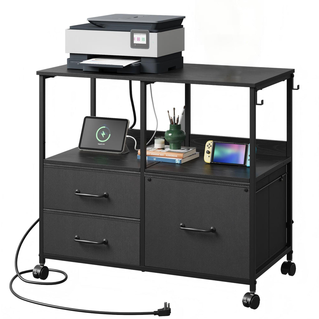 GALAXHERO Printer Cart with Storage Shelf, 3 Drawer File Cabinets Fit Letter/A4 Size, Mobile Printer Stand with Charging Station for Home Office, Black
