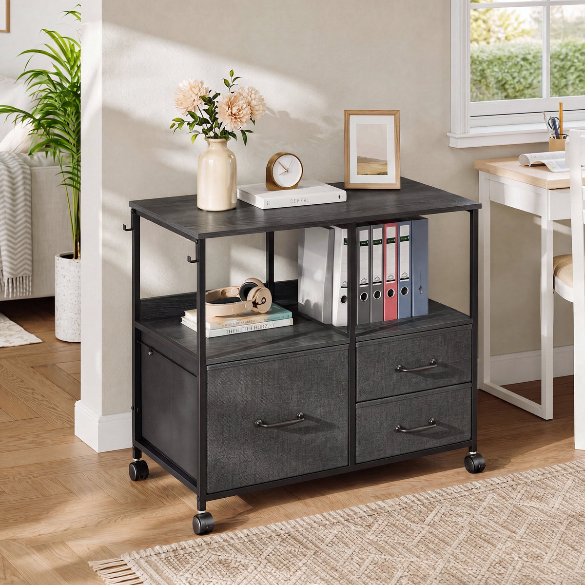 GALAXHERO 3 Drawer File Cabinet with Charging Station, Mobile Printer Stand with Storage Shelves, Filing Cabinet Furniture for Home Office, Fits Letter/A4