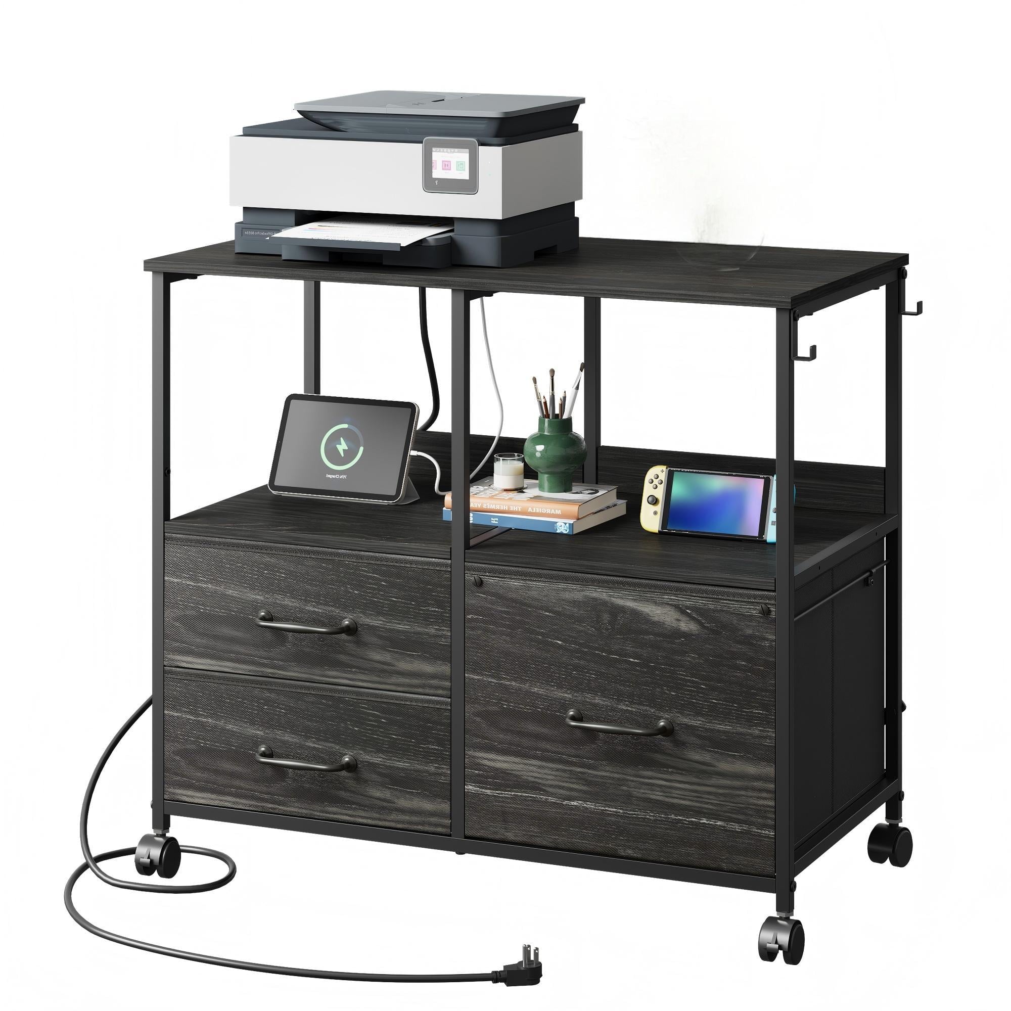 GALAXHERO Printer Cart with Storage Shelf, 3 Drawer File Cabinets Fit Letter/A4 Size, Mobile Printer Stand with Charging Station for Home Office, Black