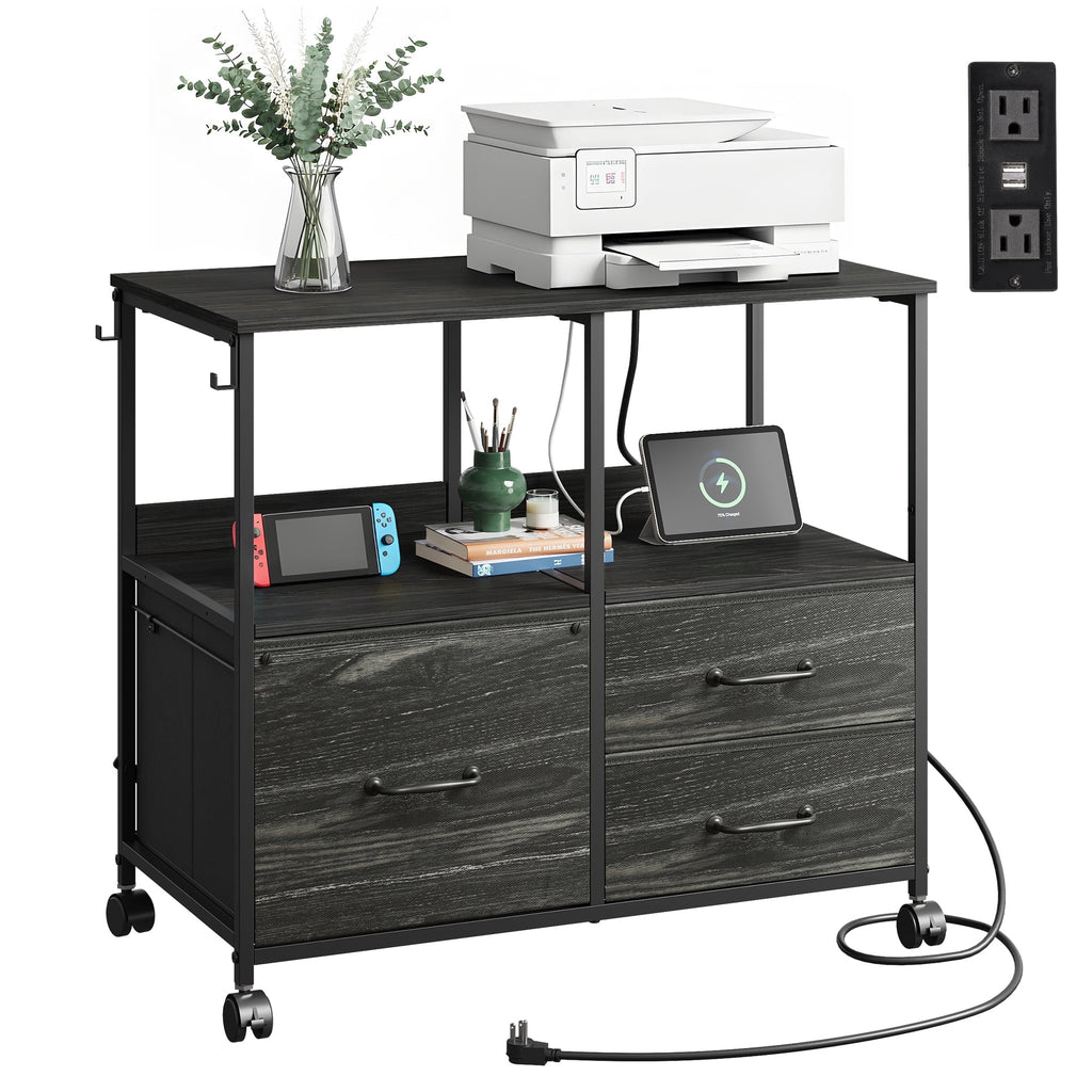 GALAXHERO 3 Drawer File Cabinet with Charging Station, Mobile Printer Stand with Storage Shelf for Home Office, Fit Letter/A4 Size, Wood Grain Print