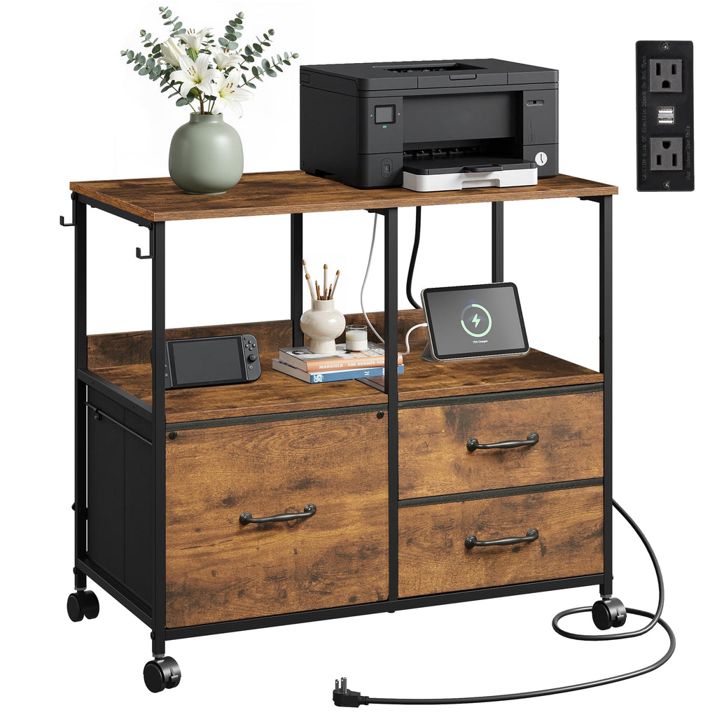 GALAXHERO 3 Drawer File Cabinet with Charging Station, Mobile Printer Stand with Storage Shelf for Home Office, Fit Letter/A4 Size