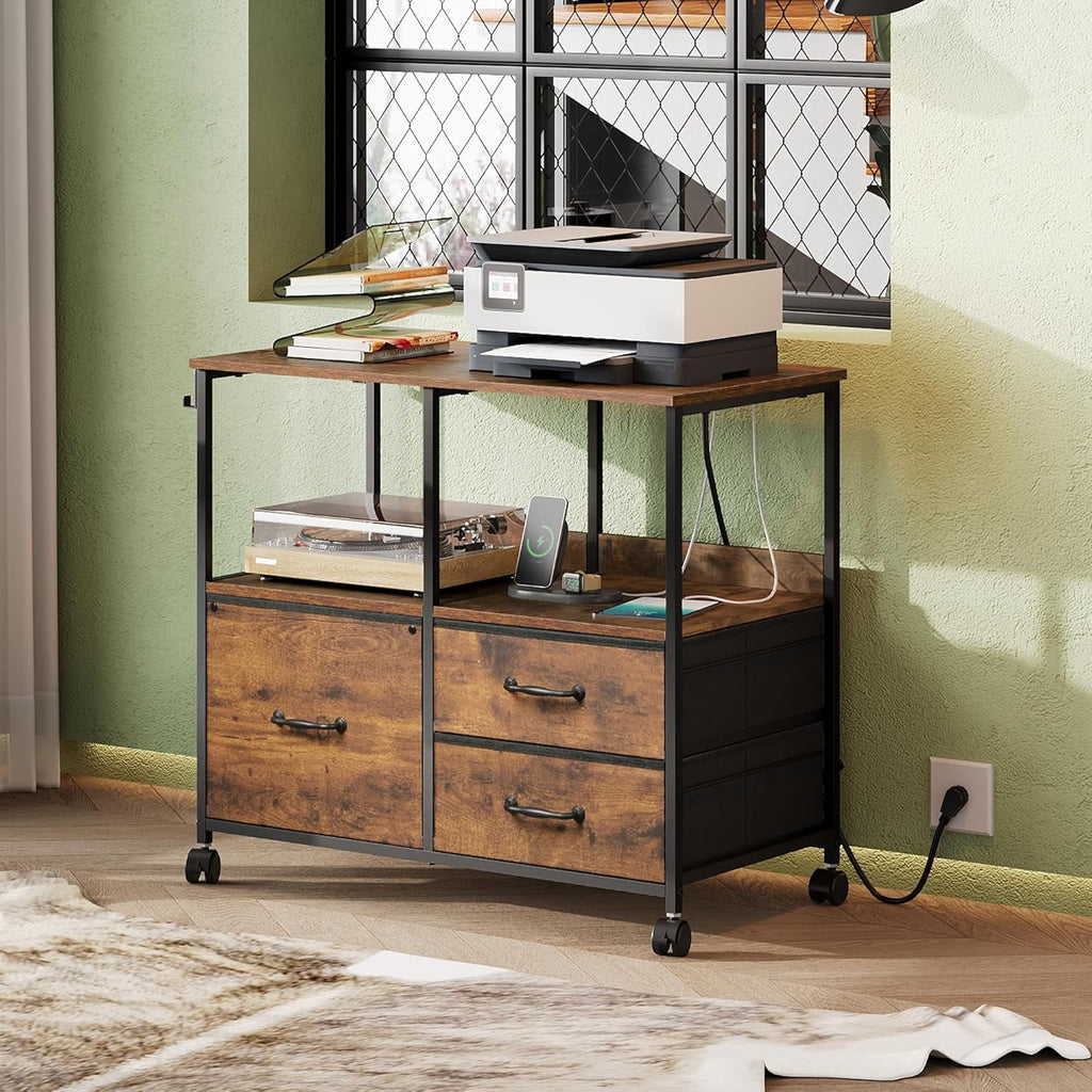 GALAXHERO Printer Cart with Storage Shelf, 3 Drawer File Cabinets Fit Letter/A4 Size, Mobile Printer Stand with Charging Station for Home Office, Black