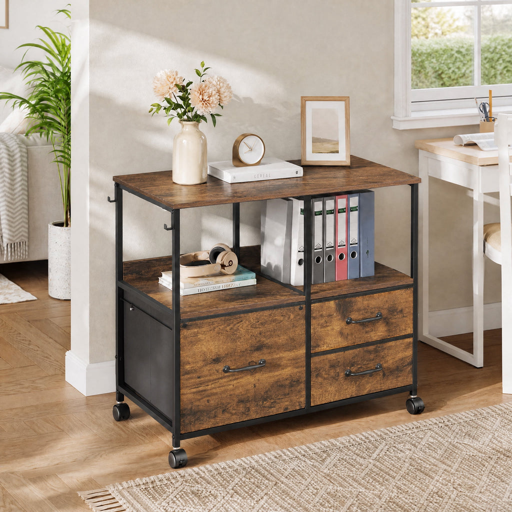 GALAXHERO 3 Drawer File Cabinet with Charging Station, Mobile Printer Stand with Storage Shelves, Filing Cabinet Furniture for Home Office, Fits Letter/A4