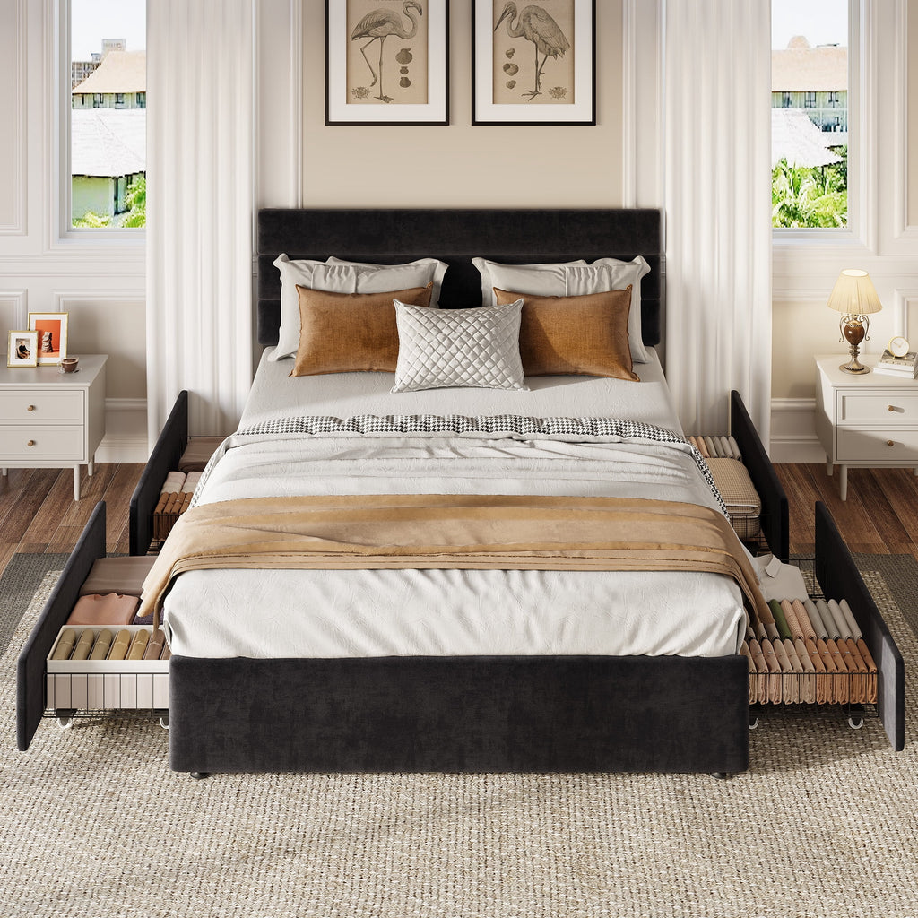 GALAXHERO Queen Size Upholstered Bed Frame with 4 Storage Drawers and Headboard, Velvet Platform Bedframe, Sturdy Metal & Wooden Slats Support, No Box Spring Needed, Easy Assembly
