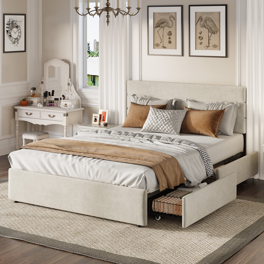 GALAXHERO Queen Size Upholstered Bed Frame with 4 Storage Drawers and Headboard, Velvet Platform Bedframe, Sturdy Metal & Wooden Slats Support, No Box Spring Needed, Easy Assembly