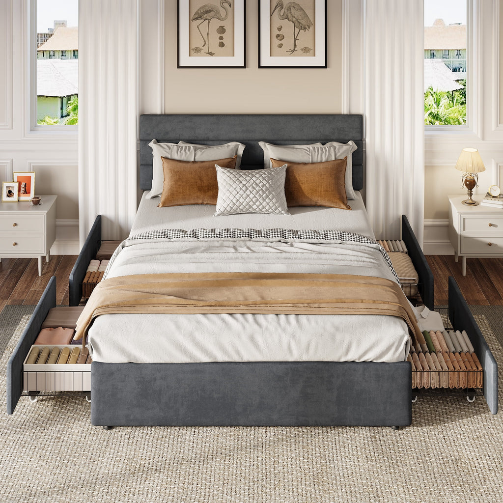 GALAXHERO Queen Size Upholstered Bed Frame with 4 Storage Drawers and Headboard, Velvet Platform Bedframe, Sturdy Metal & Wooden Slats Support, No Box Spring Needed, Easy Assembly