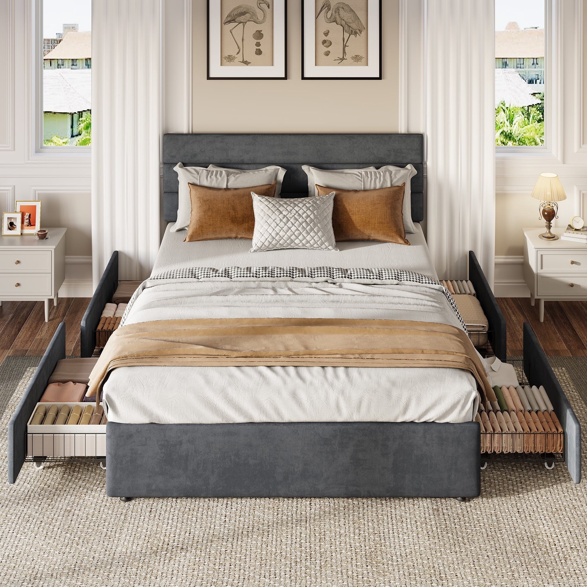 GALAXHERO Queen Size Upholstered Bed Frame with 4 Storage Drawers and Headboard, Velvet Platform Bedframe, Sturdy Metal & Wooden Slats Support, No Box Spring Needed, Easy Assembly