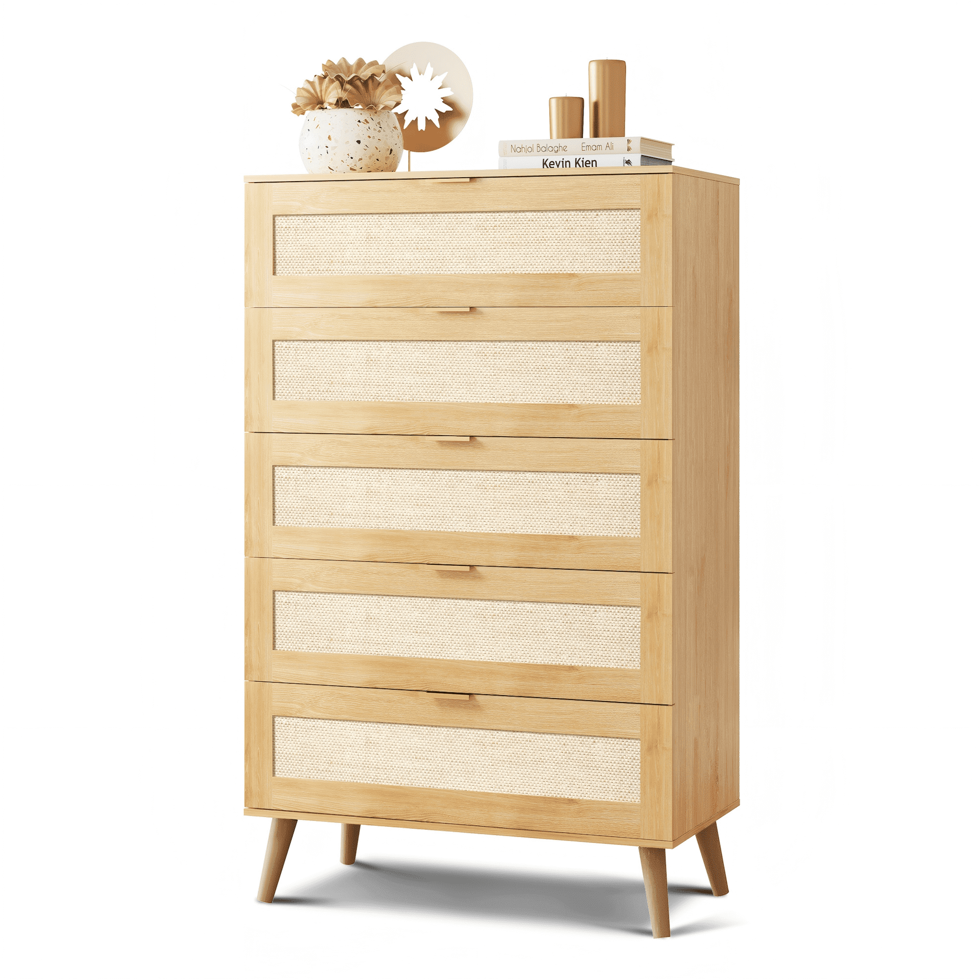 GALAXHERO Rattan 5 Drawer Dresser, Wooden Chest of Drawers, Boho Tall Dresser Closet Storage Organizer for Bedroom, Living Room, Hallway, Light Oak