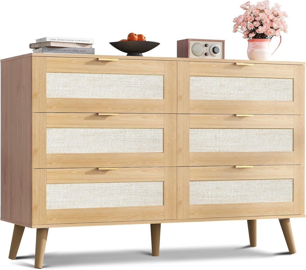 GALAXHERO Rattan Dresser for Bedroom, 6 Drawer 47.24'' Wide Boho Wood Dresser, Chest of Drawers, TV Stand for 55 inch TV, Storage Cabinet for Living Room, Gold Metal Handle, Hallway, Light Oak