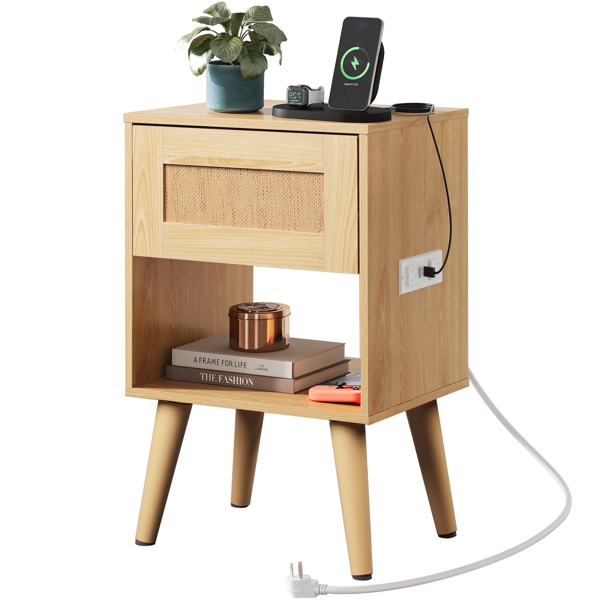 GALAXHERO Rattan Nightstand with Charger Station, Small Drawer Storage Shelf Mid-Century Side Table for Bedroom, Rattan Decor, Compact Size