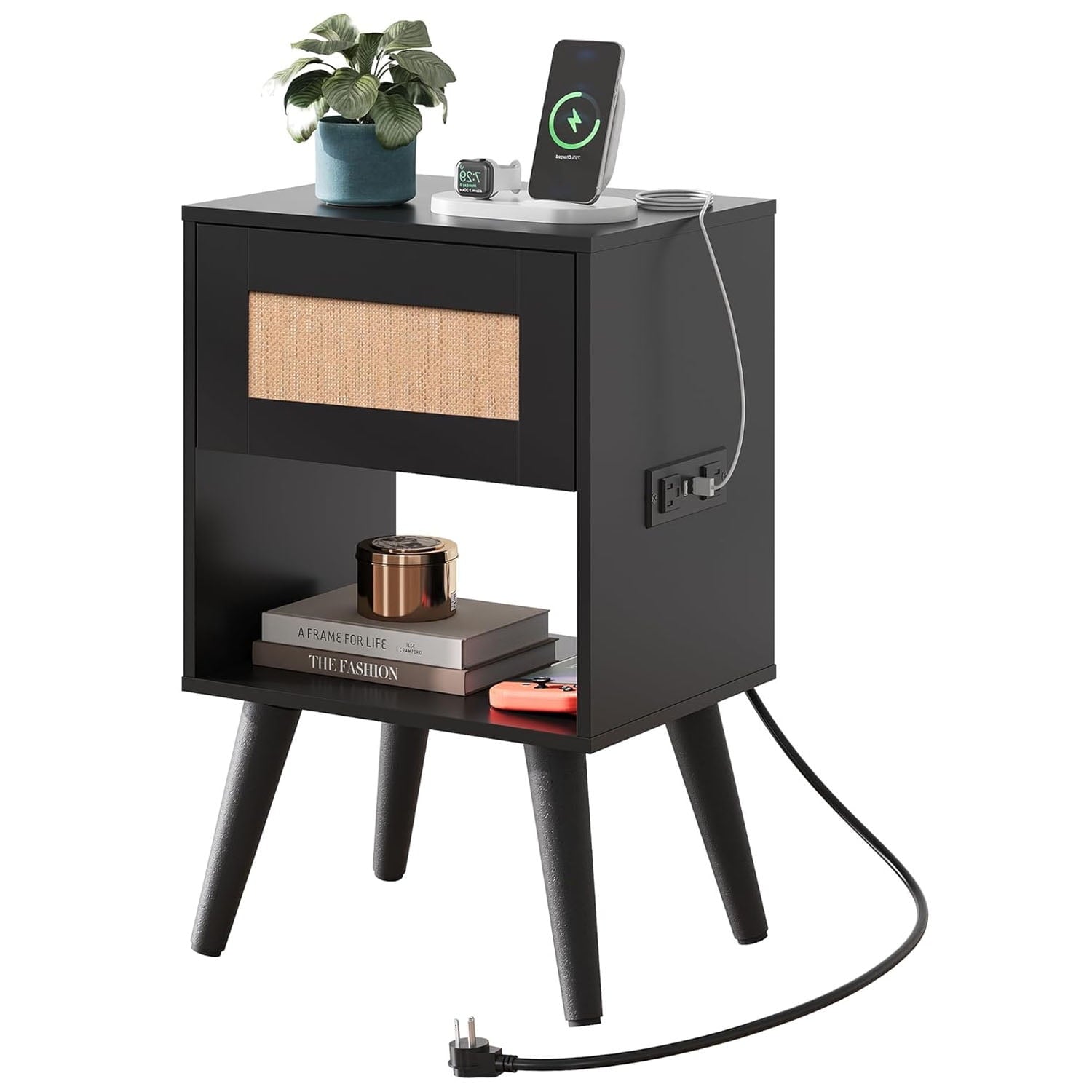 GALAXHERO Rattan Nightstand with Charger Station, Small Drawer Storage Shelf Mid-Century Side Table for Bedroom, Rattan Decor, Compact Size