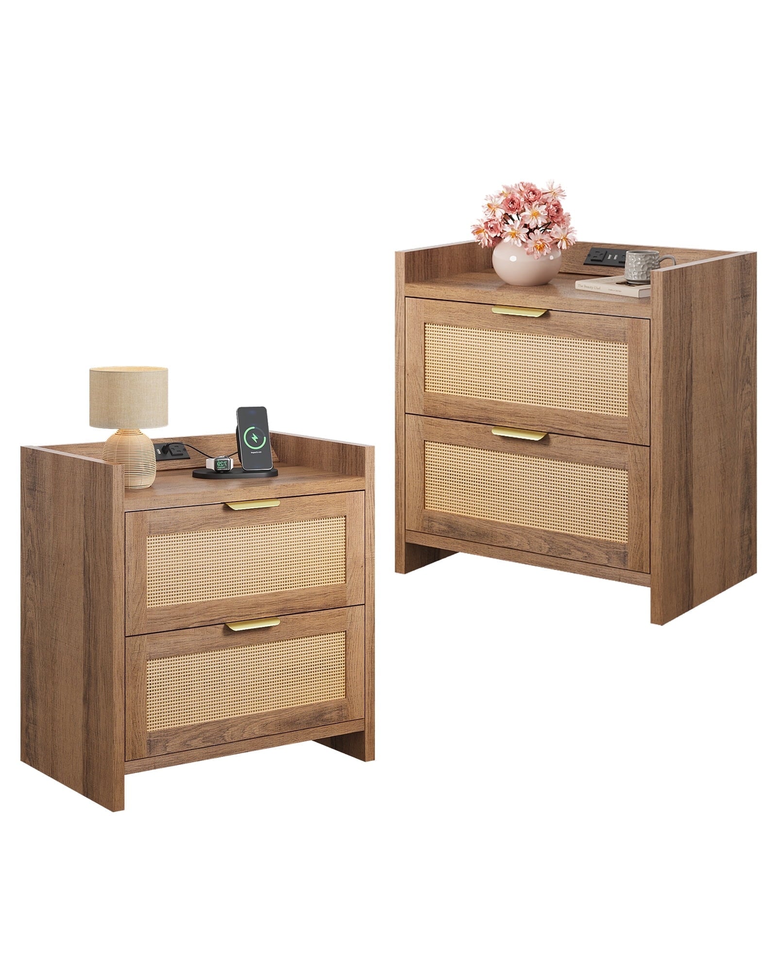 GALAXHERO Nightstand Set of 2 with Charging Station, Boho Rattan Bedside Tables, 2 Drawers End Table for Bedroom, Living Room, Natural Oak