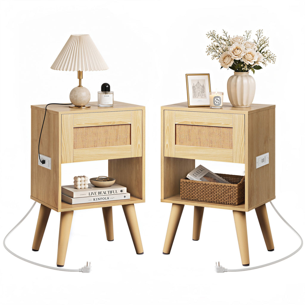 GALAXHERO Nightstand Set of 2 with Charging Station, Boho Rattan Bedside Table with Drawer,End Table With Open Shelf for Bedroom Living Room Dorm