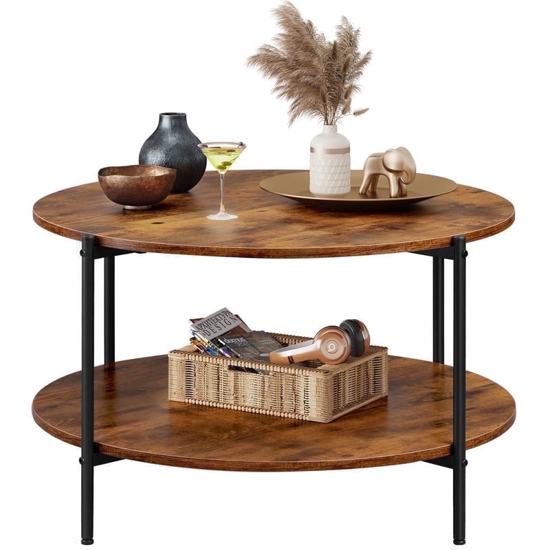 GALAXHERO Round Small Coffee Table 32.6" with Open Storage Shelf 2-Tier Industrial Circle Wood Center Table for Living Room Bedroom