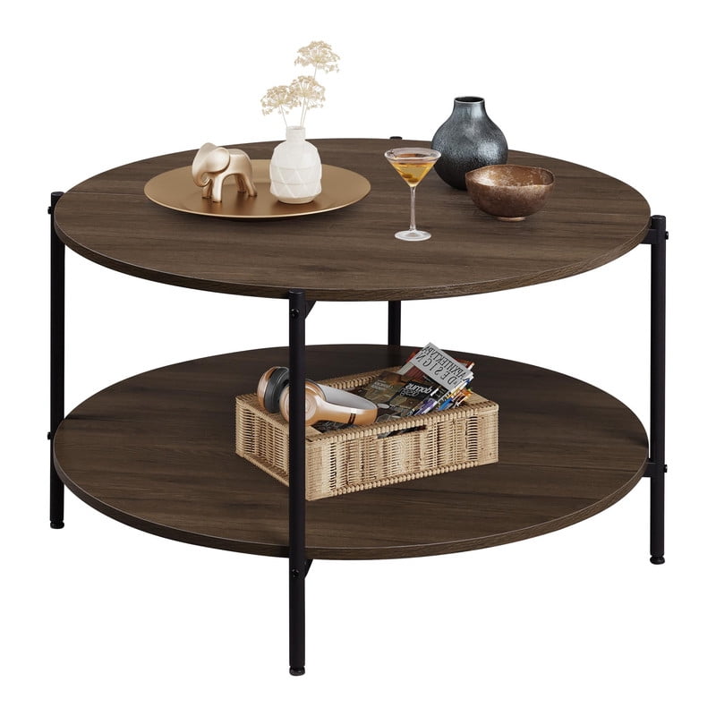 GALAXHERO Round Small Coffee Table 32.6" Side End Table with Open Storage Shelf 2-Tier Industrial Circle Wood Center Table for Living Room Bedroom