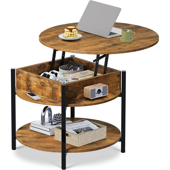 GALAXHERO Round Lift Top Coffee Table with Hidden Compartment and Storage Shelf, Farmhouse Small Coffee Table with 2 Tier for Living Room