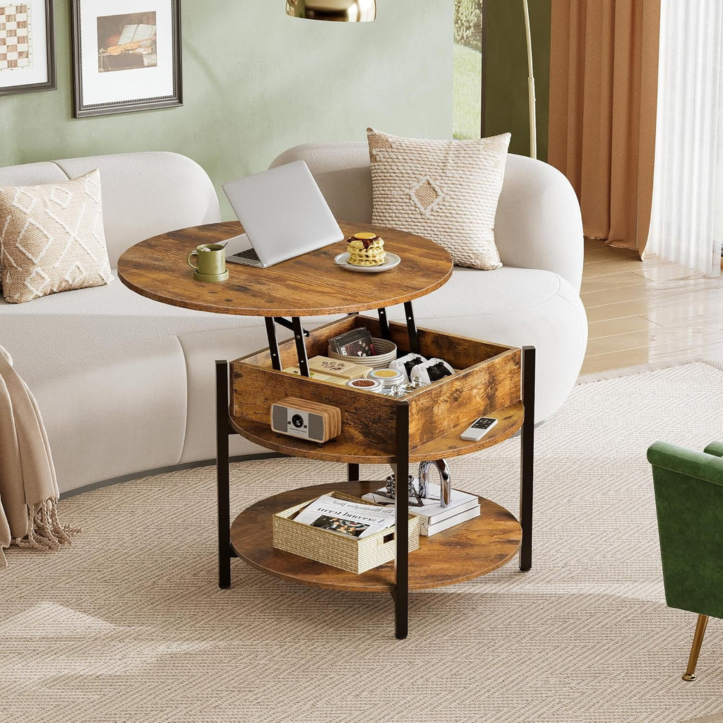GALAXHERO Round Lift Top Coffee Table with Hidden Compartment and Storage Shelf, Farmhouse Small Coffee Table with 2 Tier for Living Room