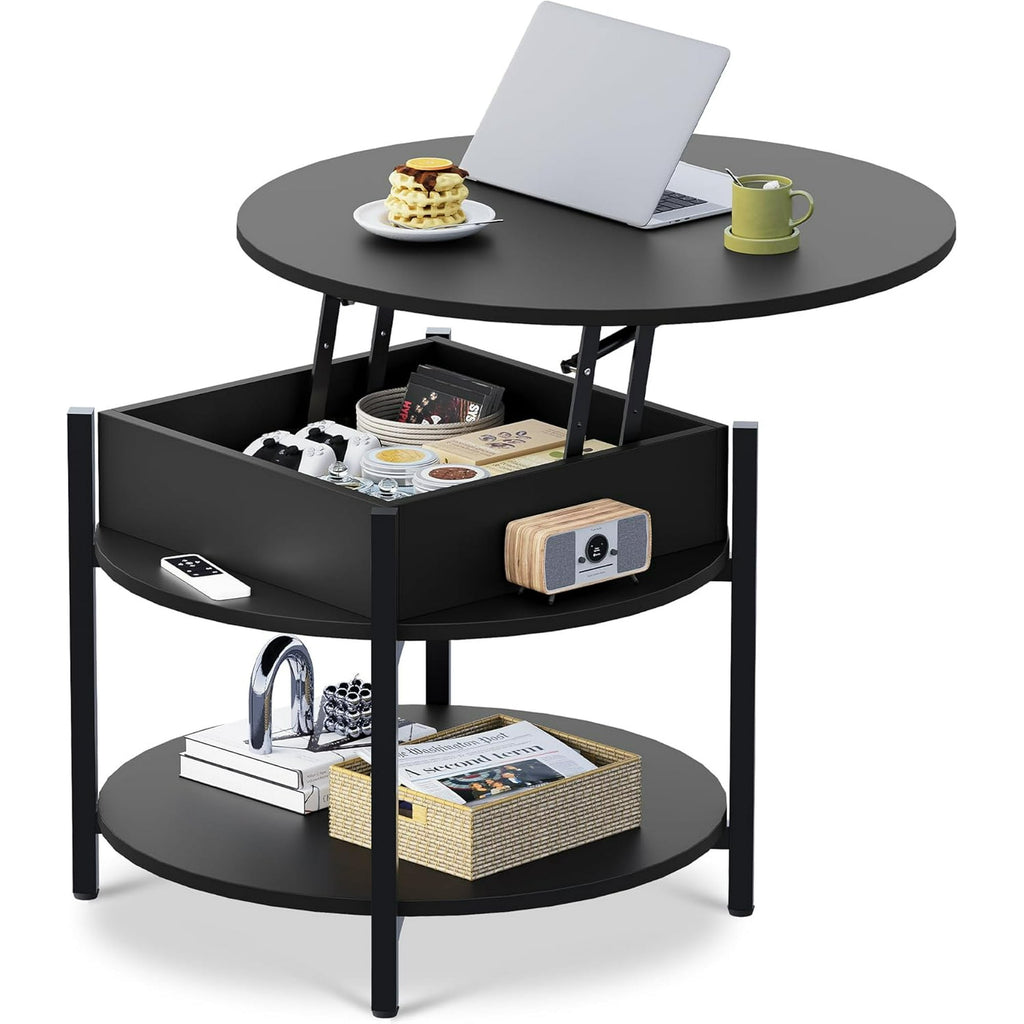 GALAXHERO Round Lift Top Coffee Table with Hidden Compartment and Storage Shelf, Farmhouse Small Coffee Table with 2 Tier for Living Room