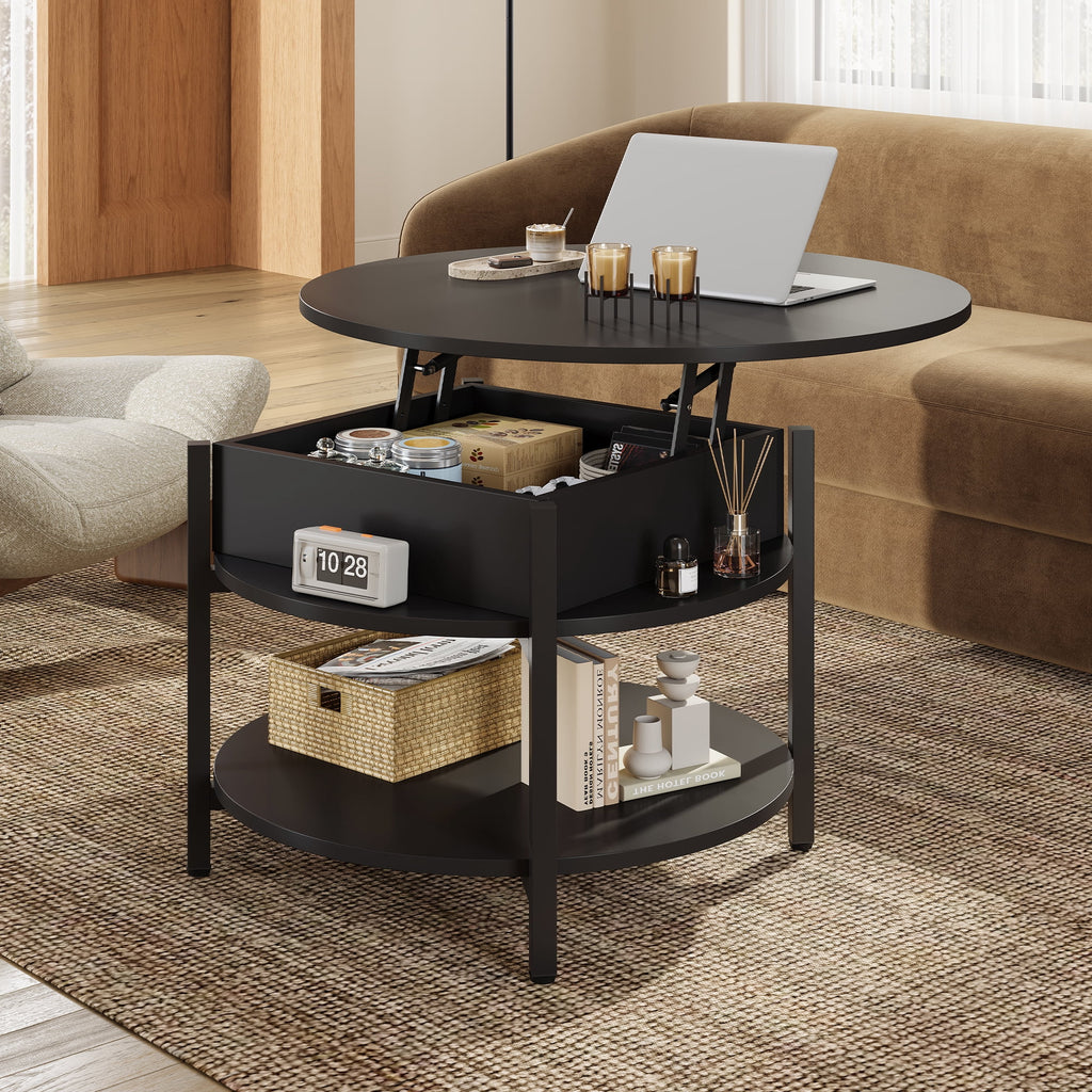 GALAXHERO Round Lift Top Coffee Table with Hidden Compartment and Storage Shelf, Farmhouse Small Coffee Table with 2 Tier for Living Room