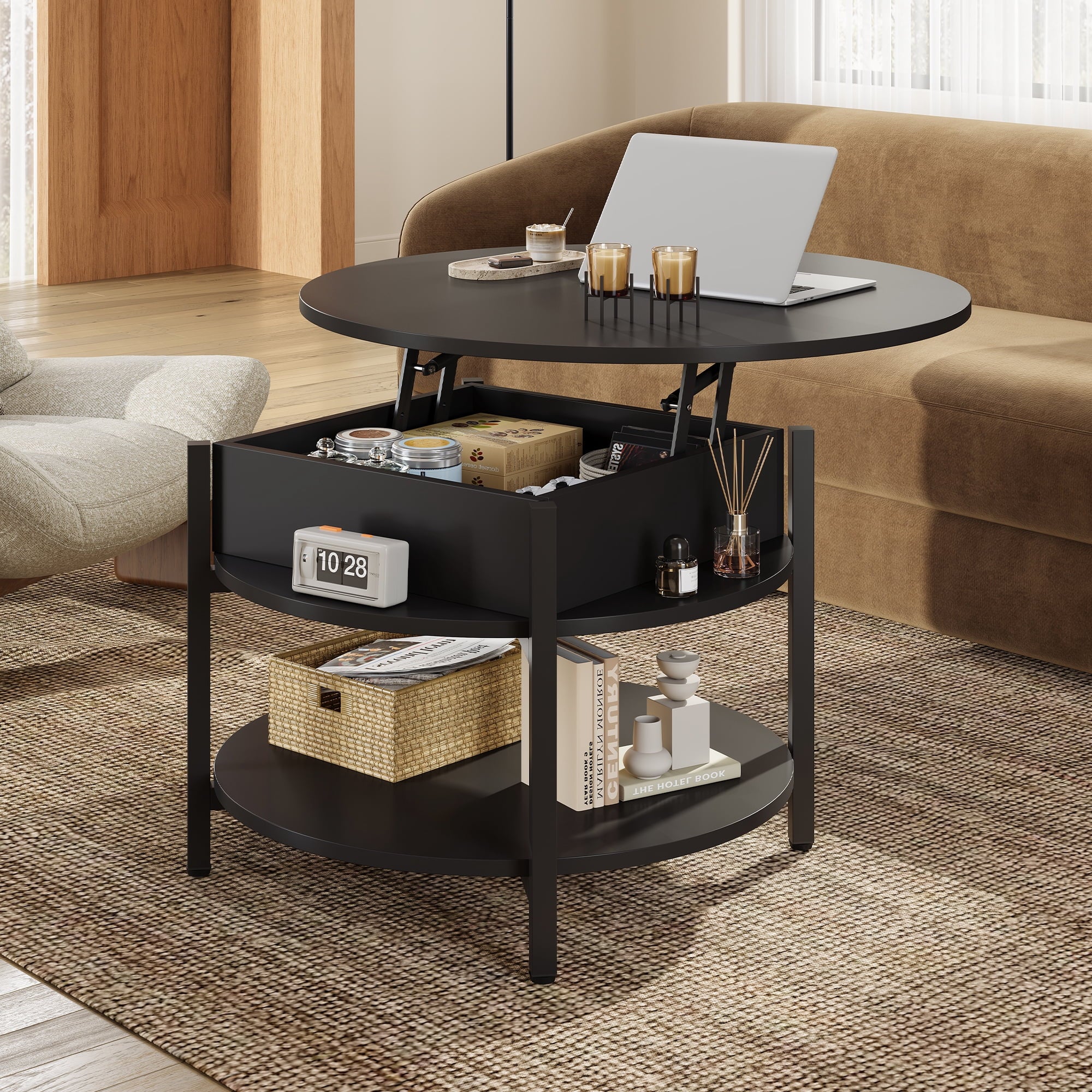 GALAXHERO Round Lift Top Coffee Table with Hidden Compartment and Storage Shelf, Farmhouse Small Coffee Table with 2 Tier for Living Room