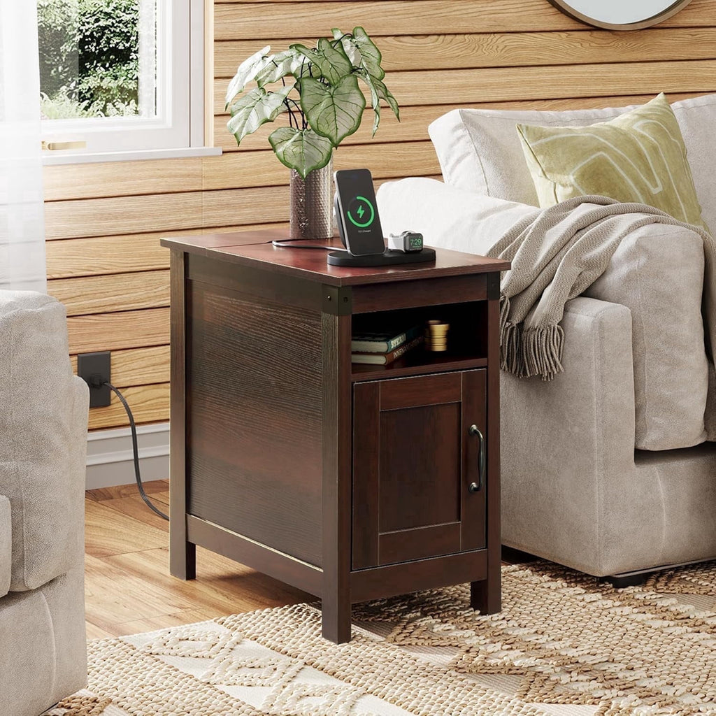 GALAXHERO Set of 2 Narrow End Tables with Charging Station, Side Tables for Small Spaces, USB Ports & Outlets, Nightstands with Storage for Living Room & Couch, Espresso Finish