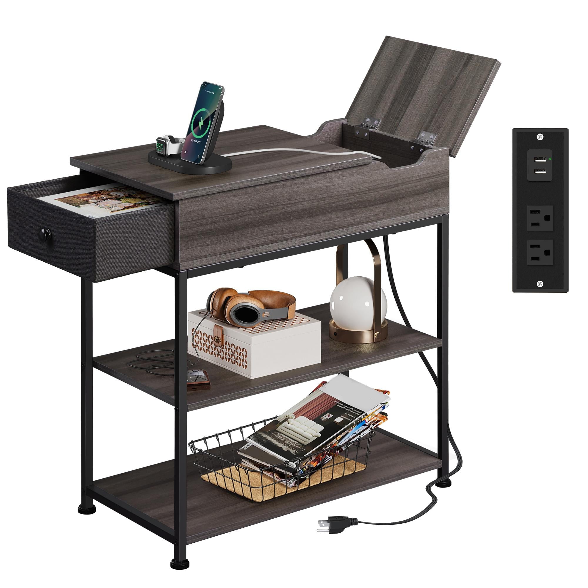 GALAXHERO Narrow Side Table with 2 USB Ports and 2 Outlets, Flip Top End Table with Drawer and Storage Shelves, End Stand with Charging Station for Living Room, Bedroom, Small Spaces,Black