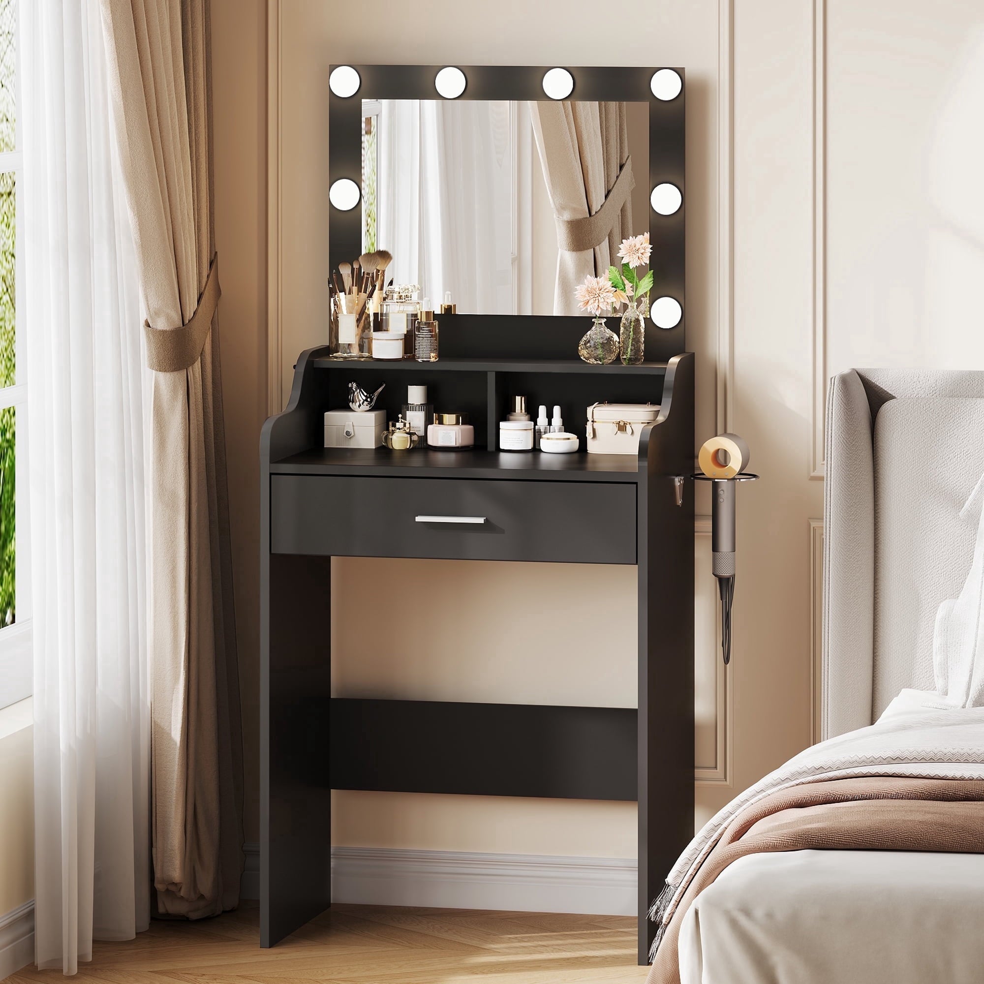 GALAXHERO Small Vanity Desk with Mirror, Makeup Tables with Drawer and Storage Shelves, Girls Dressing Table for Bedroom