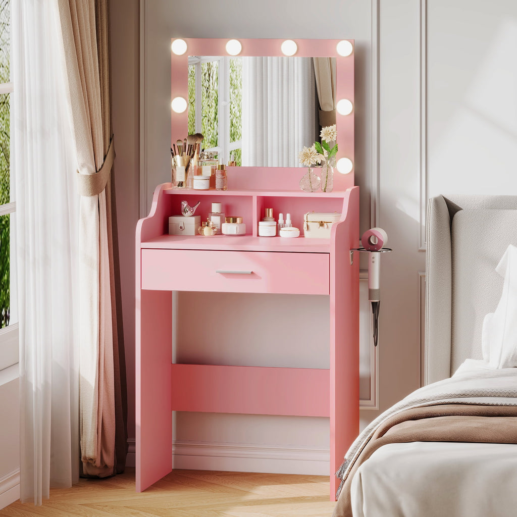 GALAXHERO Small Vanity Desk with Mirror, Makeup Tables with Drawer and Storage Shelves, Girls Dressing Table for Bedroom, White